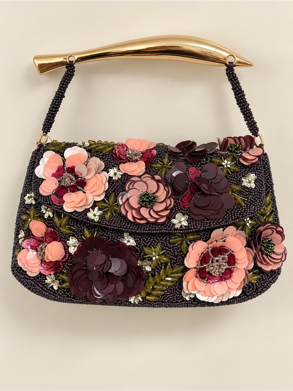Beaded Floral Shoulder Bag with Gold Handle